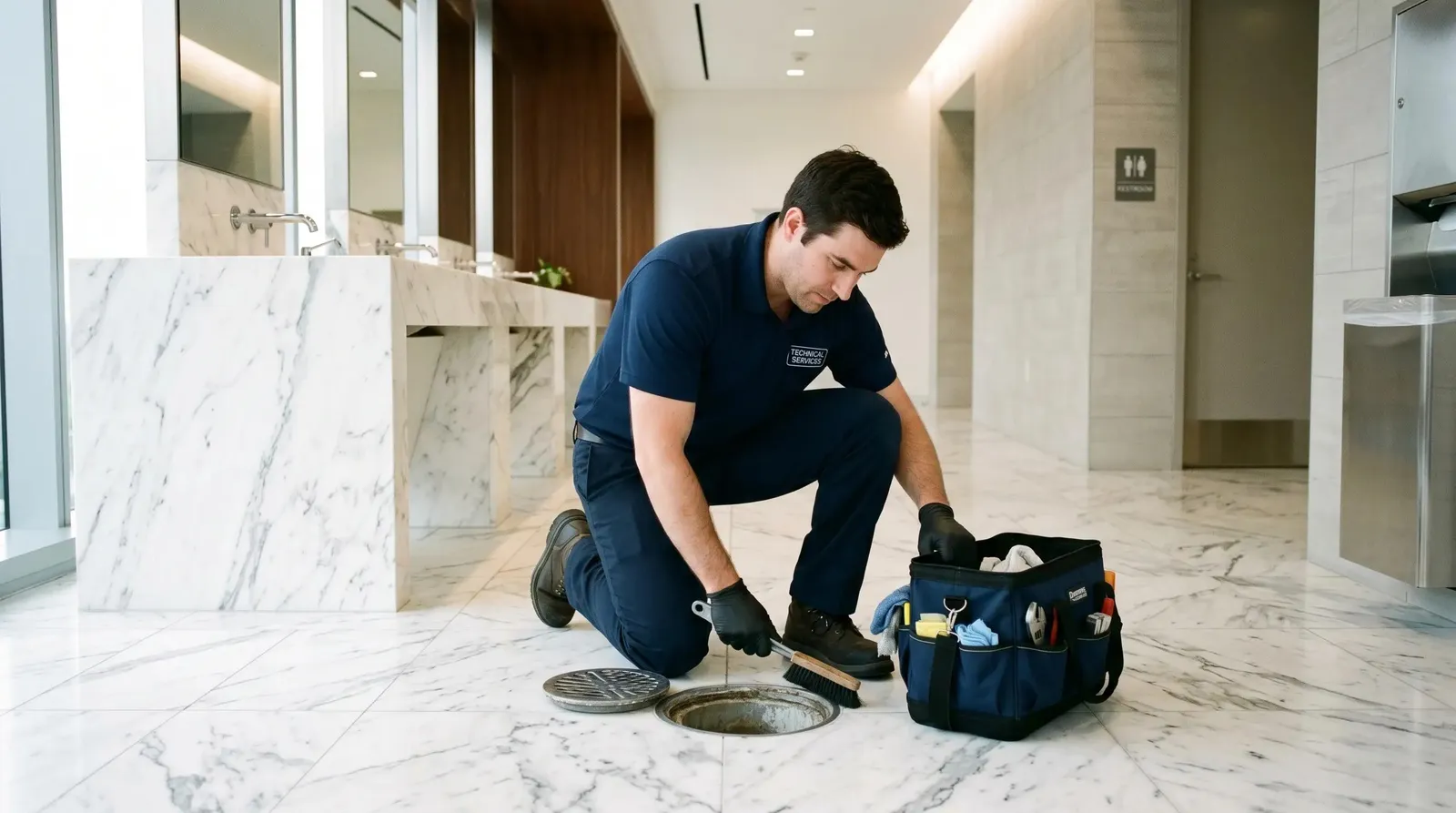 Technicien en intervention discrète dans des sanitaires de bureaux premium à La Défense